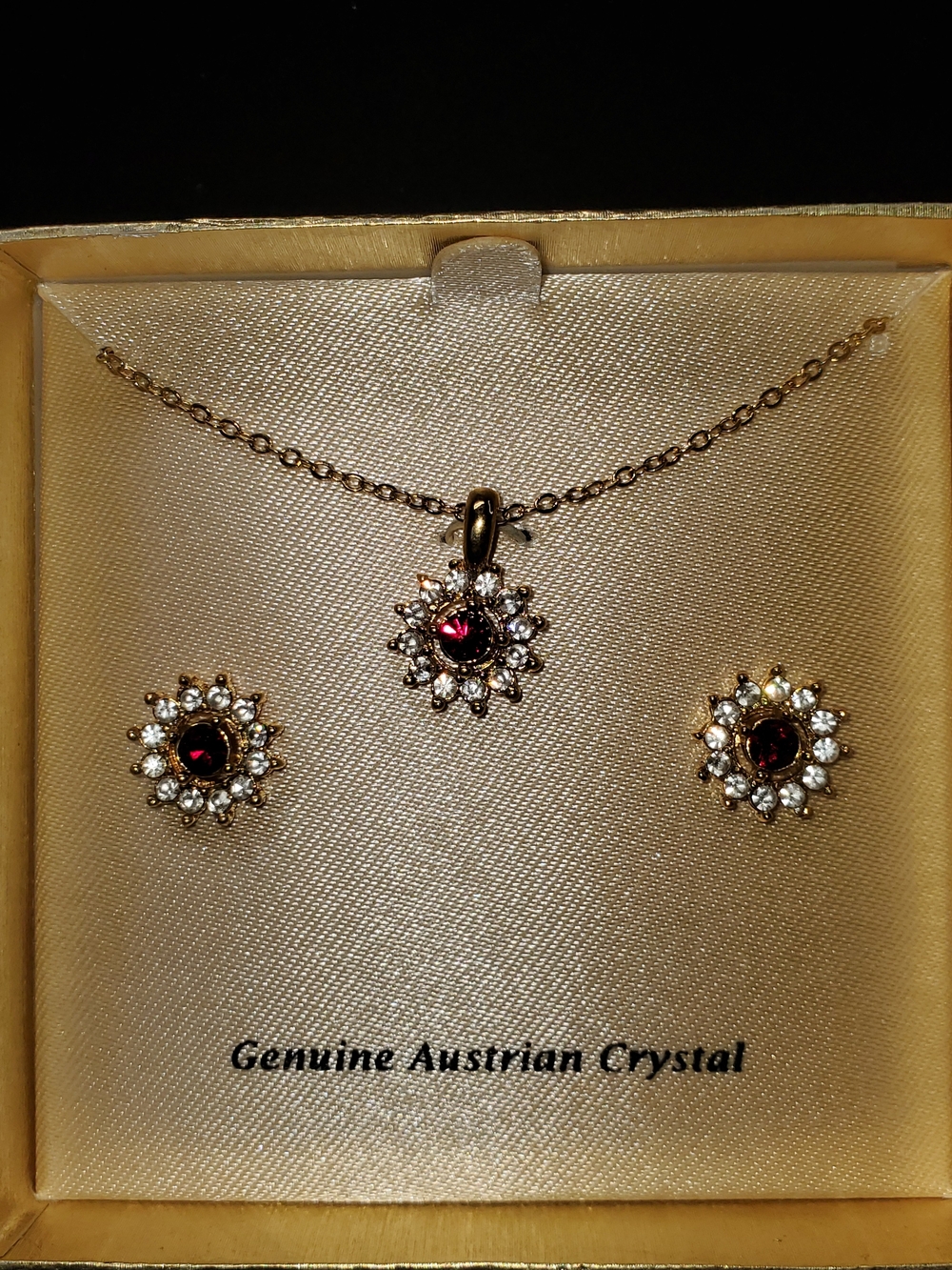 Gold-Tone Garnet & Clear Crystal Flower Necklace and Earring Set